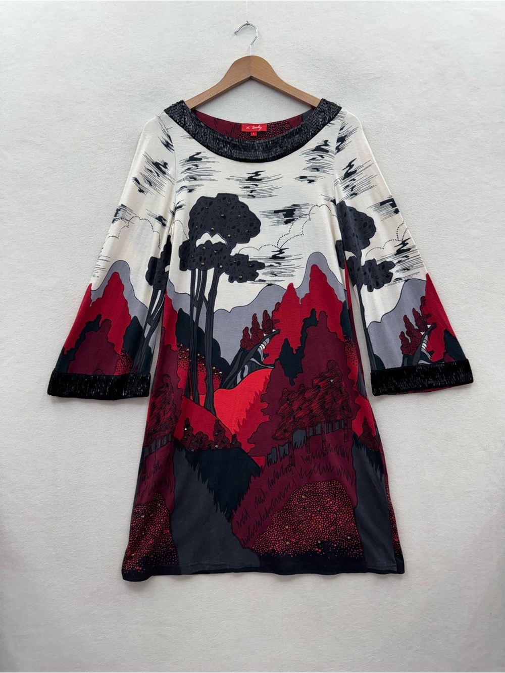 Vintage Rene Derhy Large Landscape Art To Wear Beaded Dress Rare